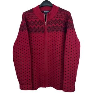 VTG Lands End 100% Wool Cardigan Full Zip Sweater Fair Isle Womens XL Red Black